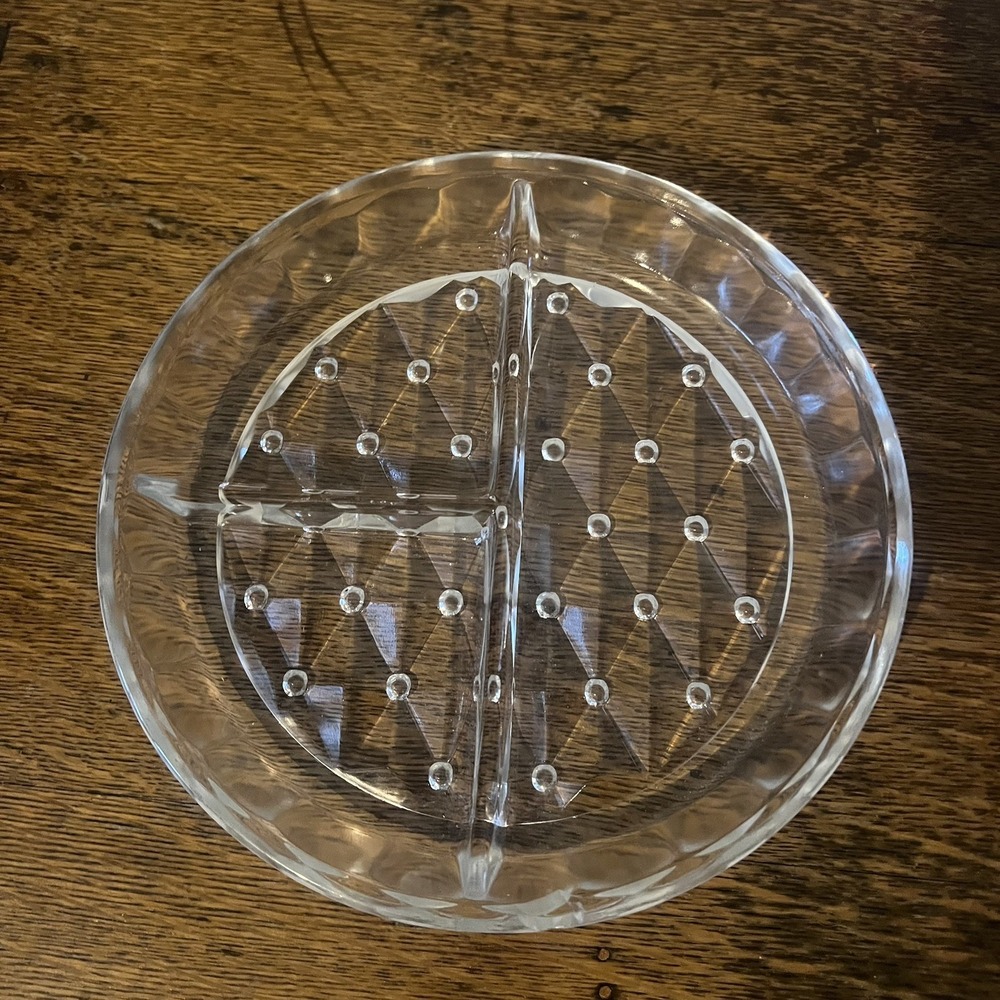 Vintage Round Glass 3 Section Divided Dish Diamond and Dots Pattern 7.25in